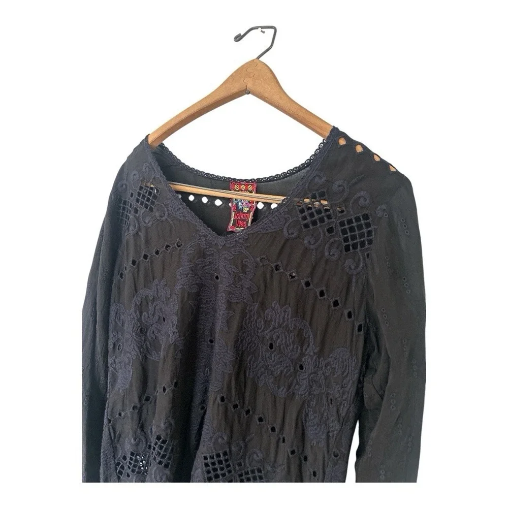 Johnny Was Sophia Top in Black Embroidered Eyelet‎ Popover Semi Sheer Boho Small